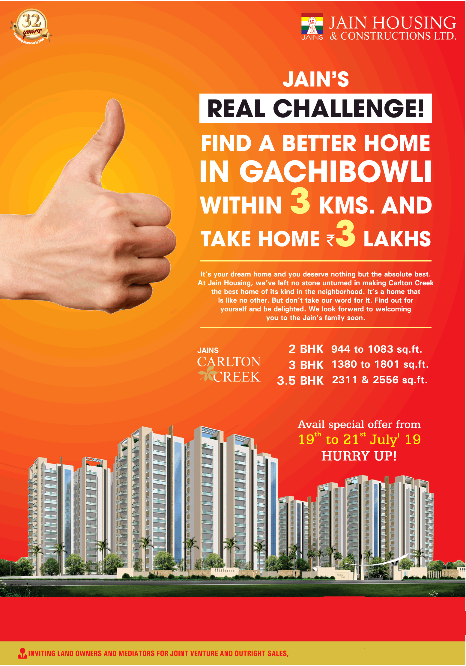 Take home in Rs.3 lakh at Jains Carlton Creek, Hyderabad Update